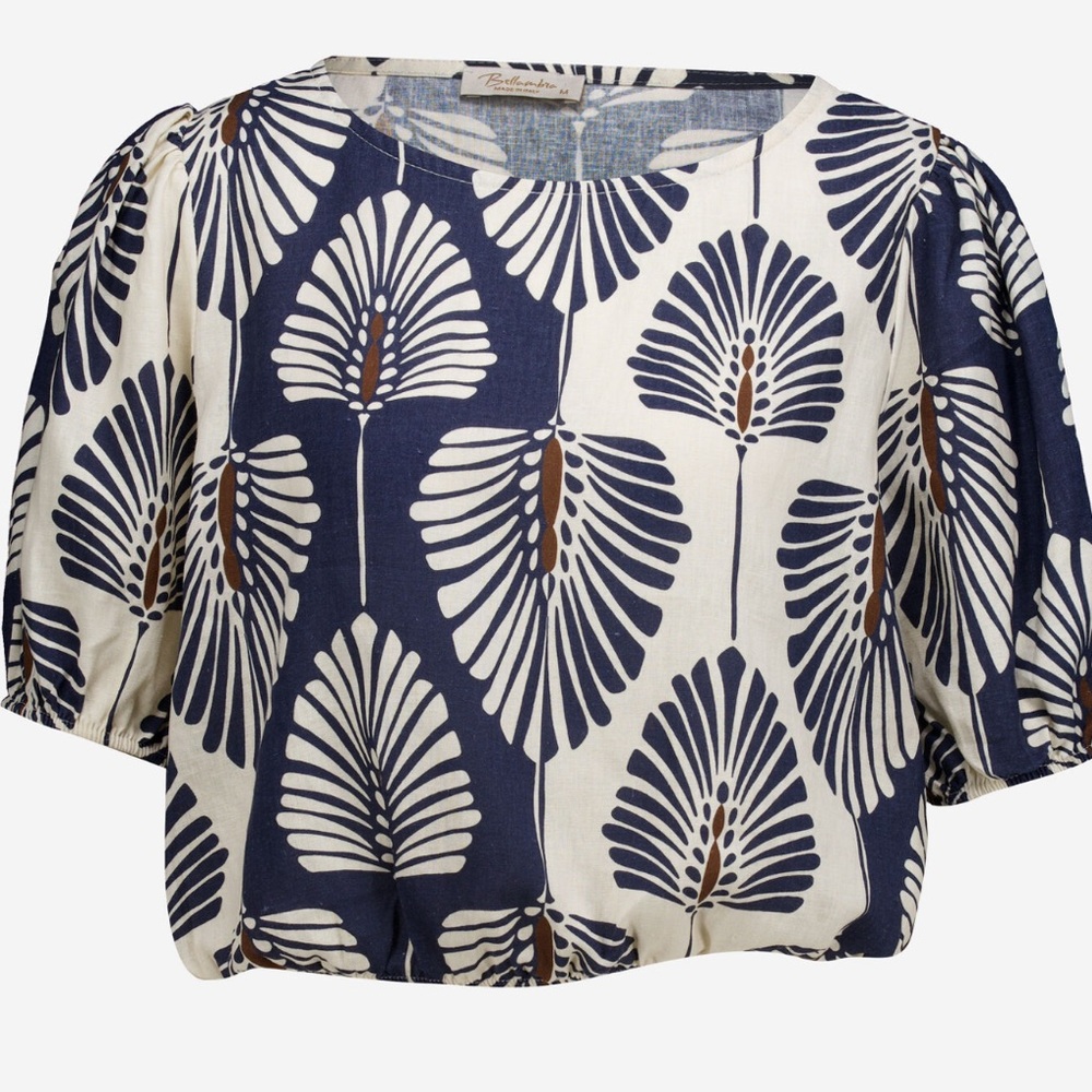 Elegant Navy and Cream Leaf Print Blouse